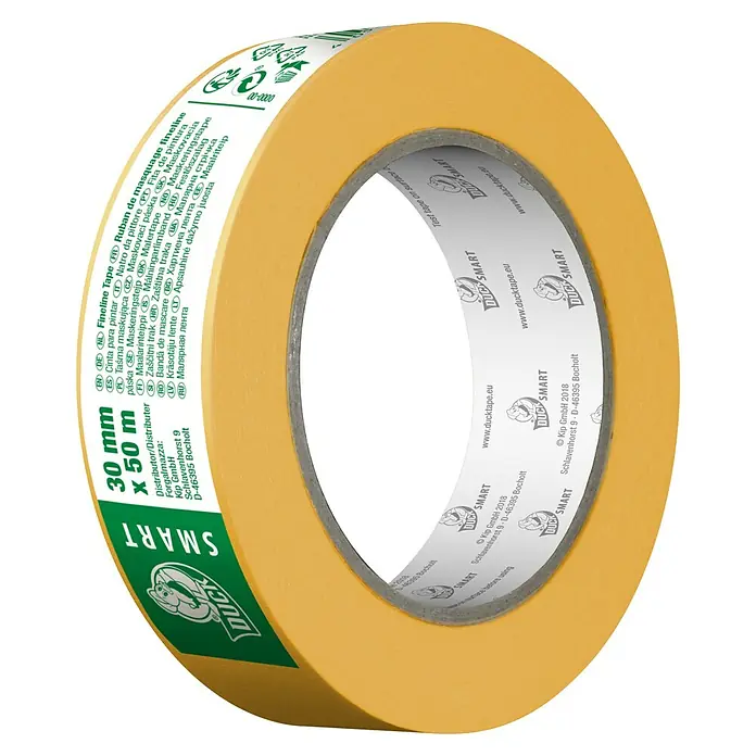 Duck Smart Feinkreppband Fineline Tape - 50 m x 30 mm - Gelbe Duck Smart Feinkreppband-Rolle, 30 mm x 50 m, ideal für präzise Malerarbeiten und saubere Farbkanten.