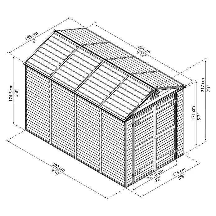 Palram – Canopia Gerätehaus Skylight 6x10 - Außenmaß inkl. Dachüberstand (B x T): 185 x 304 cm, Kunststoff, Anthrazit/Grau - Abbildung eines Gartenhauses mit Maßangaben. Das Gartenhaus ist aus Holz und hat ein Satteldach. Die Maße sind in Zentimetern und Fuß angegeben.