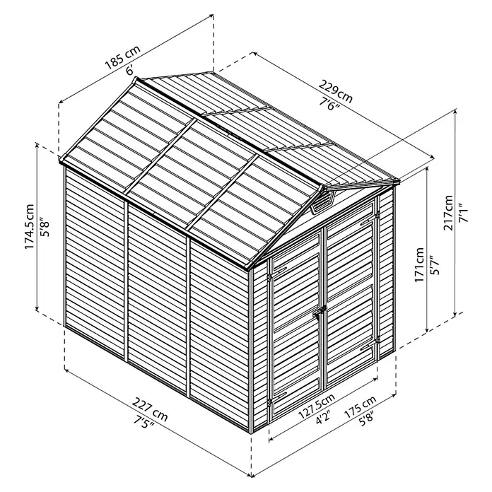 Palram – Canopia Gartenhaus Skylight 6x8 - Außenmaß inkl. Dachüberstand (B x T): 185 x 229 cm, Kunststoff, Anthrazit/Grau - Detaillierte Abbildung eines Gartenhauses mit Maßangaben zu Höhe, Breite und Tiefe in Zentimetern und Fuß.