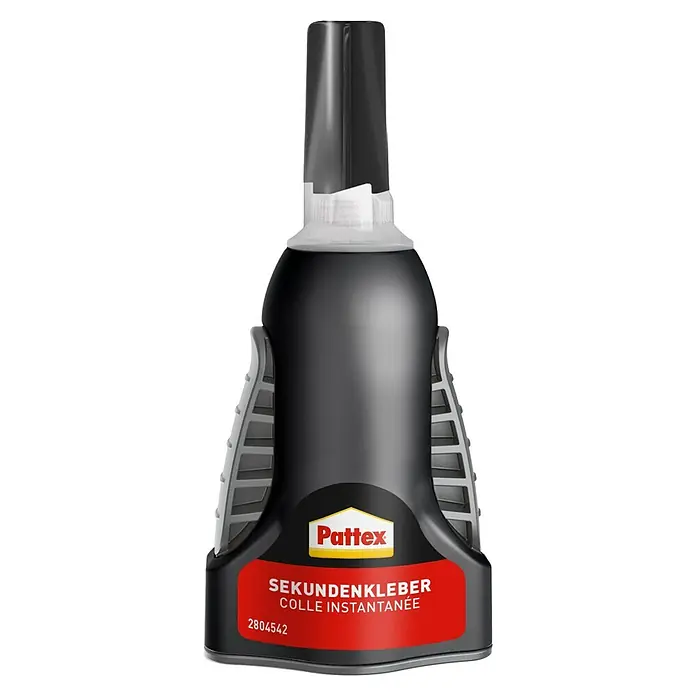 Pattex Sekundenkleber Flüssig Matic - 3 g, Flüssig, Sonstiges - Produktabbildung eines Pattex Sekundenklebers in einer schwarzen Flasche mit roter Beschriftung.