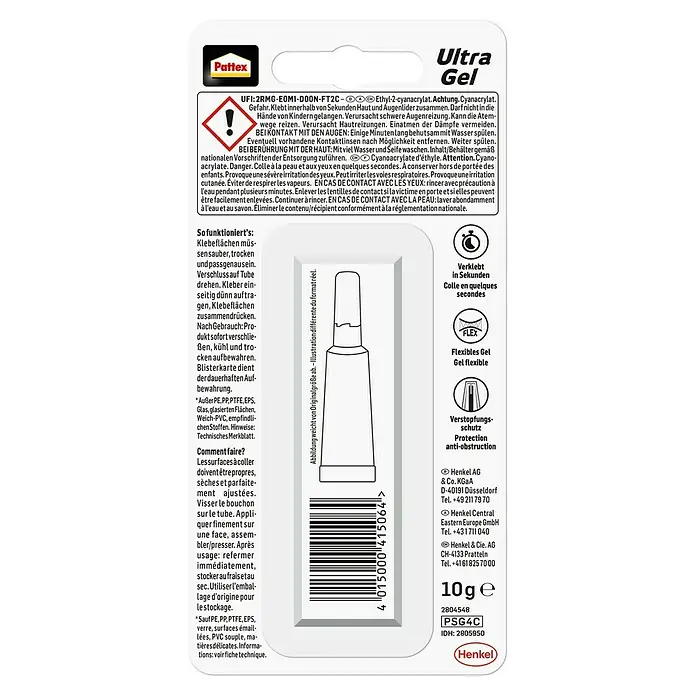 Pattex Sekundenkleber Ultra Gel XL - 10 g, Tube, Gelartig, 1 Stk. - Pattex Ultra Gel Sekundenkleber: Flexibles Gel für schnelle und dauerhafte Verbindungen, ideal für vielfältige Materialien im Haushalt.
