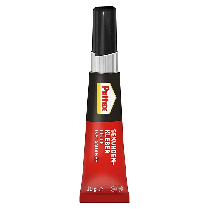 Pattex Sekundenkleber Flüssig - 10 g, Flüssig, Tube, 1 Stk. - Tube Pattex Sekundenkleber mit roter Basis, schwarzem Mittelteil und schwarzer Spitze, ideal für schnelle und zuverlässige Reparaturen im Haushalt.