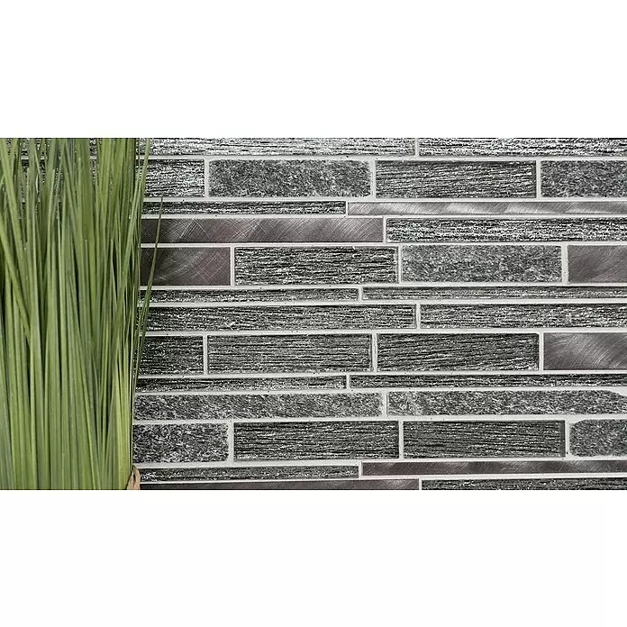 Mosaikfliese Verbund Crystal Mix XAM GV84 - 29,8 x 31 cm, Schwarz, Glänzend - Graue und silberne Mosaikfliesen mit verschiedenen Glas-, Metall- und Steintexturen als dekoratives Wandmuster.