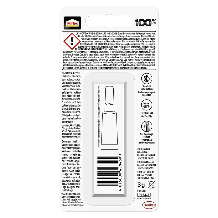Pattex 100% Repair Sekundenkleber - 3 g, Gelartig, Tube - Pattex Sekundenkleber Flex Gel Rückseite der Verpackung mit Anwendungshinweisen, Inhaltsstoffen und Herstellerinformationen.