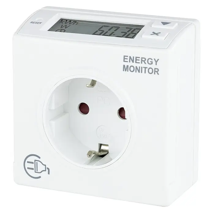 REV Energiekosten-Messgerät - Leistung: 3.680 W - Nahaufnahme eines weißen Strommessgeräts mit einer Steckdose und einem Display, das den Energieverbrauch anzeigt.