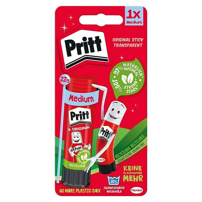 Pritt Klebestift - 22 g, Fest - Pritt Klebestift Original Transparent Medium in roter Verpackung. Der Stift ist zu 97% natürlich und 100% stark, ohne Plastikhaube und auswaschbar.