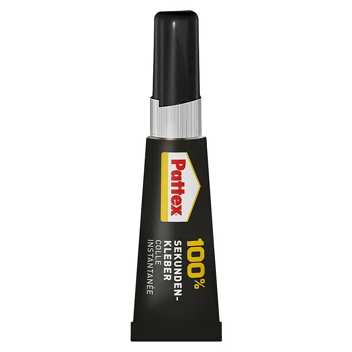 Pattex 100% Repair Sekundenkleber - 3 g, Gelartig, Tube - Nahaufnahme einer Pattex Sekundenkleber Tube mit der Aufschrift "100% Sekunden-Kleber" in Gelb und Rot auf schwarzem Hintergrund.