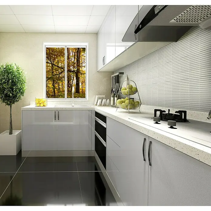 Mosaikfliese Kitkat Uni CG BBM 11 - 30,8 x 28,2 cm, Weiß, Glänzend - Die moderne Küche verfügt über elegante graue Unterschränke, eine Arbeitsplatte mit Splittmuster und moderne Armaturen.