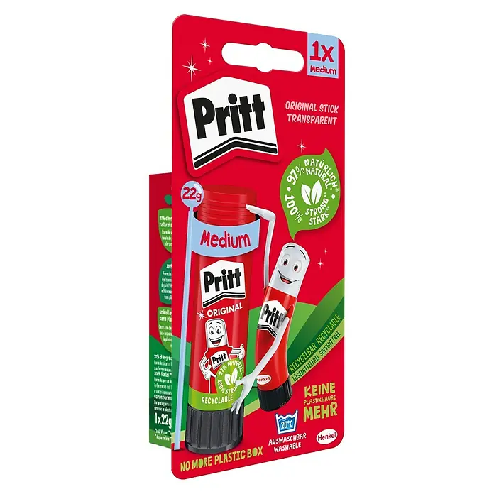 Pritt Klebestift - 22 g, Fest - Produktbild von Pritt Klebestift Original Medium 1x22g, transparent, lösemittelfrei und auswaschbar. Ohne Plastikbox und recycelbar.