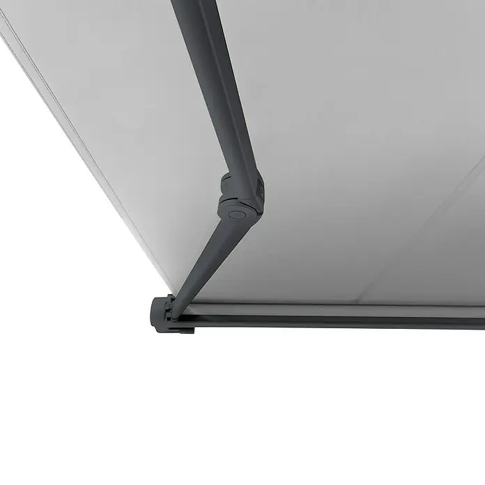 Sunfun Vollkassettenmarkise Elba - Grau, Farbe Gestell: Anthrazitgrau, Breite: 3 m, Ausfall: 2,5 m - Detailaufnahme einer ausfahrbaren Markise mit grauem Gestell und weißem Stoff, ideal für Sonnenschutz auf Terrassen.