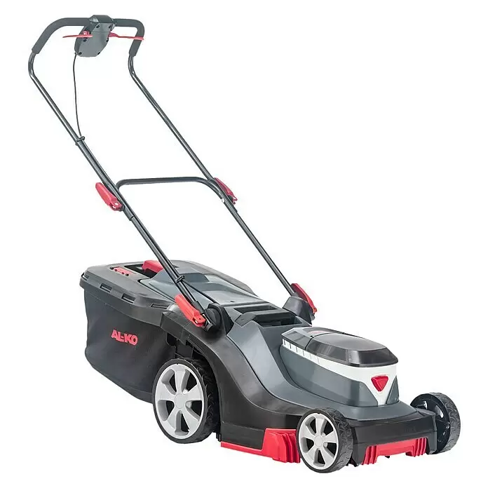 AL-KO Bosch Home & Garden Compatible Akku-Rasenmäher 38.2 LI COMFORT - 18 V, Ohne Akku, Schnittbreite: 38 cm - Moderner grau-schwarzer Elektrorasenmäher mit roten Akzenten, großem Grasfangkorb und ergonomischem Griff.