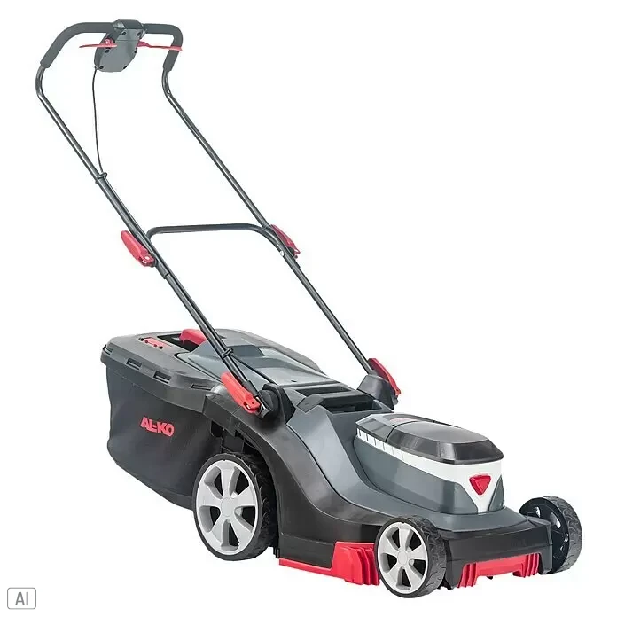 AL-KO Bosch Home & Garden Compatible Akku-Rasenmäher 38.2 LI COMFORT - 18 V, Ohne Akku, Schnittbreite: 38 cm - Moderner grau-schwarzer Elektrorasenmäher mit roten Akzenten, großem Grasfangkorb und ergonomischem Griff.