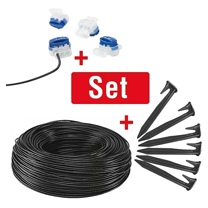 AL-KO Installations-Set für Mähroboter - für Mähroboter - Set aus schwarzem Begrenzungskabel, schwarzen Erdnägeln und blauen/weißen wasserdichten Gel-Verbindern.