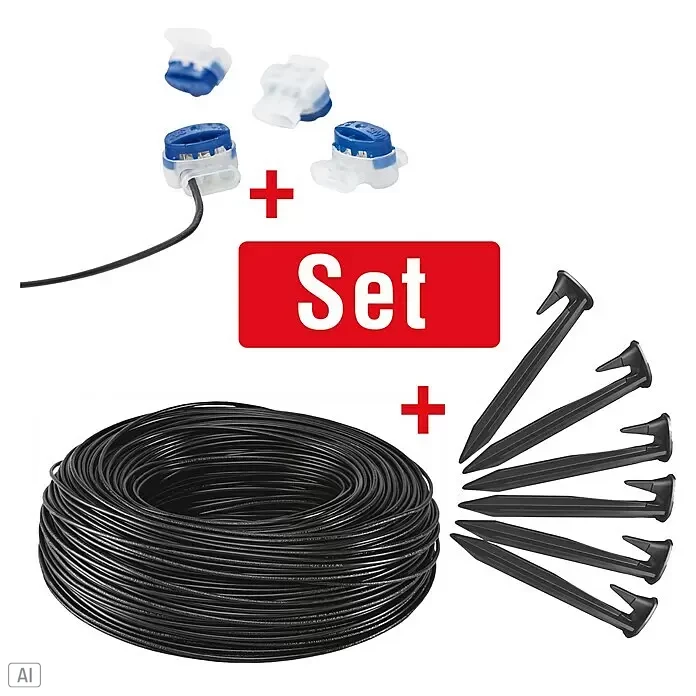 AL-KO Installations-Set für Mähroboter - für Mähroboter - Set aus schwarzem Begrenzungskabel, schwarzen Erdnägeln und blauen/weißen wasserdichten Gel-Verbindern.