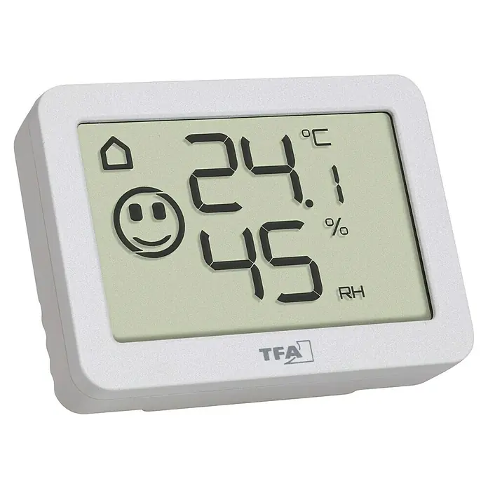 TFA Dostmann Funkthermometer Smiley - Digital, L x B x H: 4 x 5,5 x 1,5 cm, Weiß - Das TFA Dostmann Klimaelement zur Messung von Temperatur und Luftfeuchtigkeit. Das Display zeigt 24,1 °C und 45% relativer Luftfeuchtigkeit an.