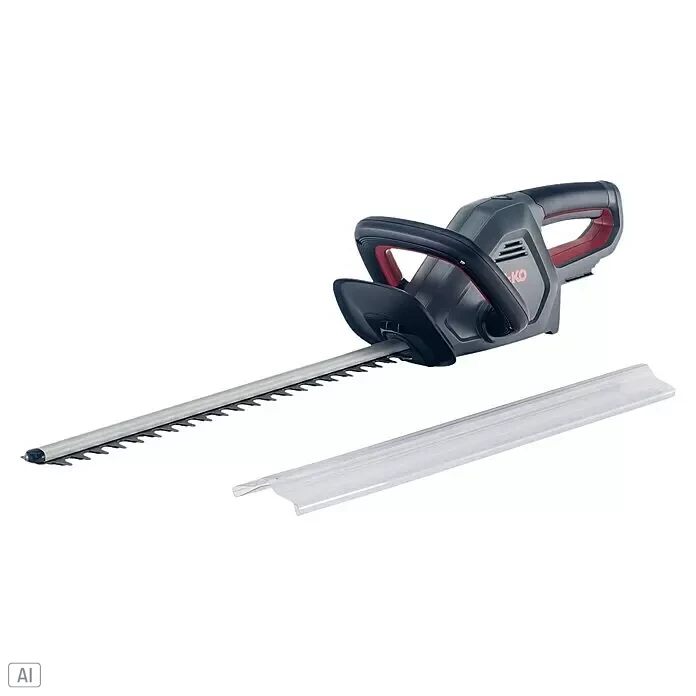 AL-KO Bosch Home & Garden Compatible Akku-Heckenschere HT 1845 - 18 V, Li-Ionen, Ohne Akku - Dunkelgraue Heckenschere mit roten Akzenten und Metallklingen, daneben eine transparente Schutzhülle.
