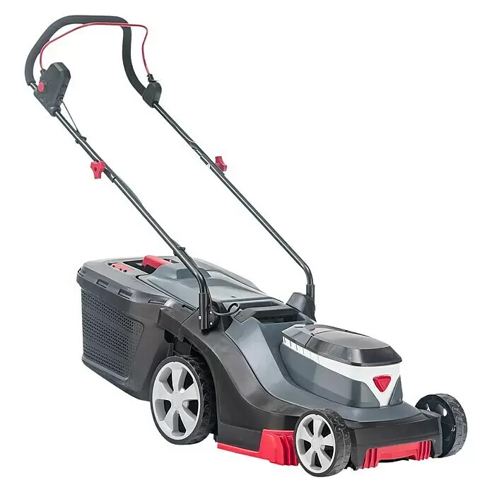 AL-KO Bosch Home & Garden Compatible Akku-Rasenmäher 3.82 LI EASY - 18 V, Ohne Akku, Schnittbreite: 38 cm - Elektrischer Rasenmäher mit grau-schwarzem Gehäuse, roten Akzenten und Grasfangkorb.