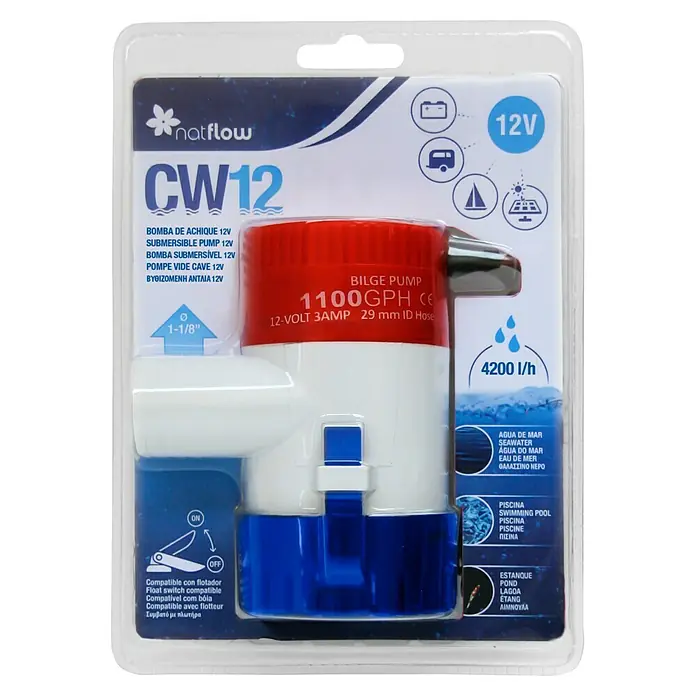 Bomba de aguas limpias CW12 - Capacidad de bombeo máx.: 4.200 l/h - Embalaje de una bomba de achique Natflow CW12, 12V, 1100 GPH, apta para agua de mar, piscinas y estanques.