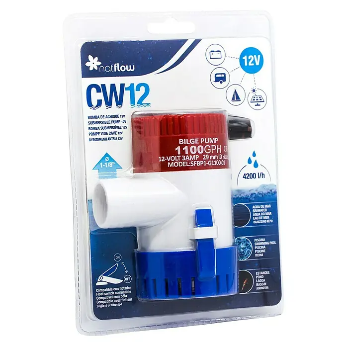 Bomba de aguas limpias CW12 - Capacidad de bombeo máx.: 4.200 l/h - La imagen muestra una bomba de achique Natflow CW12, una bomba sumergible de 12V con una capacidad de 1100 GPH, empaquetada y lista para usar.