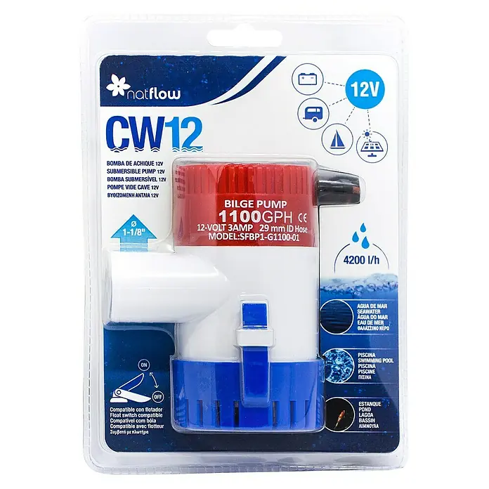 Bomba de aguas limpias CW12 - Capacidad de bombeo máx.: 4.200 l/h - Bomba de achique Natflow CW12, una bomba sumergible diseñada para su uso en diversos cuerpos de agua, apta para barcos, piscinas y estanques.
