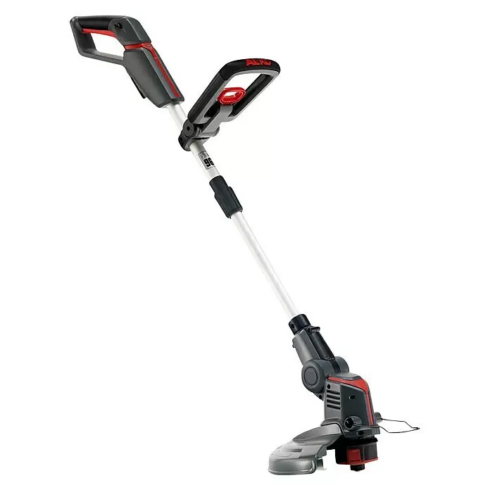 AL-KO Bosch Home & Garden Compatible Akku-Rasentrimmer GT 1825 - 18 V, 2,5 Ah, Li-Ionen, Ohne Akku, Schnittbreite Faden: 25 cm - Akku-Rasentrimmer mit grauen, schwarzen und roten Details an einem weißen Schaft.