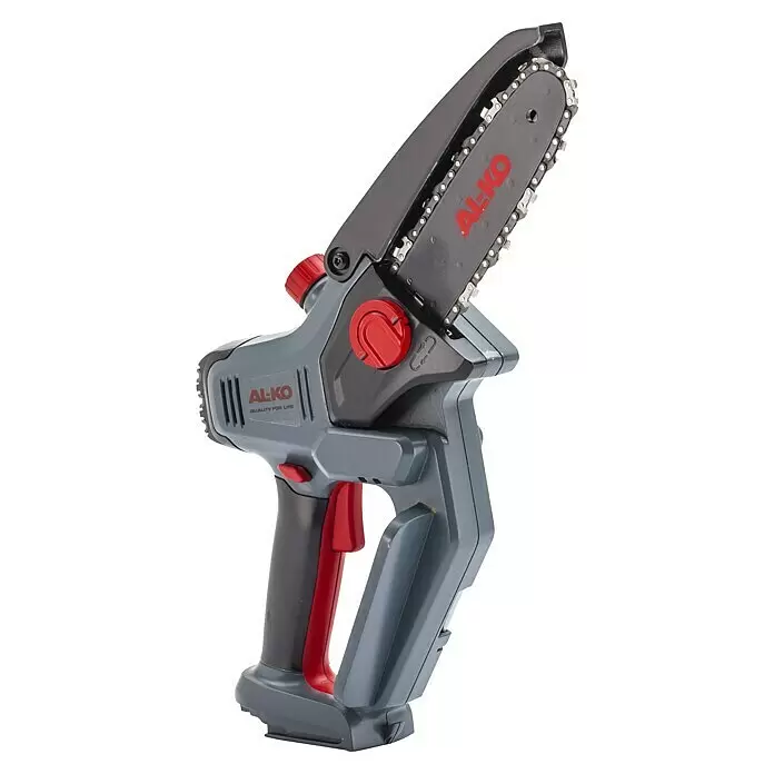 AL-KO Bosch Home & Garden Compatible Akku-Kettensäge CSM 1815 - 18 V, Li-Ionen, Ohne Akku, Schwertlänge: 15 cm - Grau-rote, kabellose Mini-Kettensäge mit schwarzer Führungsschiene und rotem 'AL-KO'-Logo.