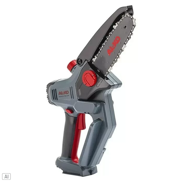 AL-KO Bosch Home & Garden Compatible Akku-Kettensäge CSM 1815 - 18 V, Li-Ionen, Ohne Akku, Schwertlänge: 15 cm - Grau-rote, kabellose Mini-Kettensäge mit schwarzer Führungsschiene und rotem 'AL-KO'-Logo.