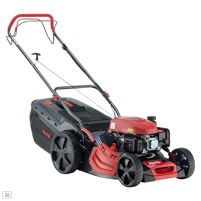 AL-KO Comfort Benzin-Rasenmäher 46.0 SP-A PLUS - 2,1 kW, 139 cm³, Schnittbreite: 46 cm - Das Bild zeigt einen AL-KO Benzinrasenmäher mit rotem Gehäuse und schwarzem Fangkorb vor einem neutralen, schwarzen Hintergrund.