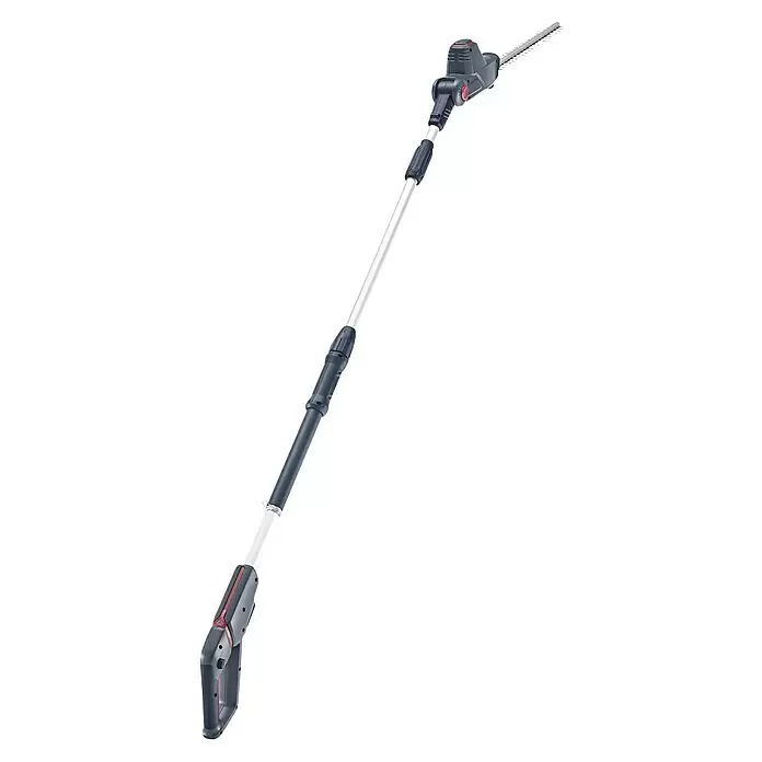 AL-KO Bosch Home & Garden Compatible Akku-Hochentaster HTA 1845 - 18 V, Li-Ionen, Ohne Akku - Graue und schwarze Teleskop-Heckenschere mit roten Akzenten und verstellbarer weißer Stange.