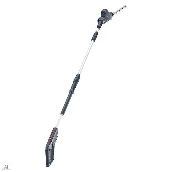AL-KO Bosch Home & Garden Compatible Akku-Hochentaster HTA 1845 - 18 V, Li-Ionen, Ohne Akku - Graue und schwarze Teleskop-Heckenschere mit roten Akzenten und verstellbarer weißer Stange.