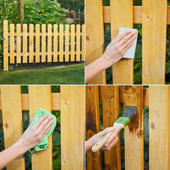 swingcolor Holzlasur - Ebenholz, 750 ml, Seidenglänzend - Bild einer Person, die einen Holzzaun streicht, der eine helle Holzfarbe hat und mit brauner Farbe überstrichen wird.