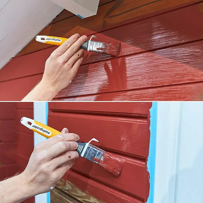 swingcolor Mix Holzschutzfarbe zum Mischen lassen - Basismischfarbe 4, 2,5 l, Seidenglänzend - Detailaufnahme eines Swingcolor-Pinsels beim Auftragen von roter Farbe auf eine Holzoberfläche, ideal für Renovierungsarbeiten.