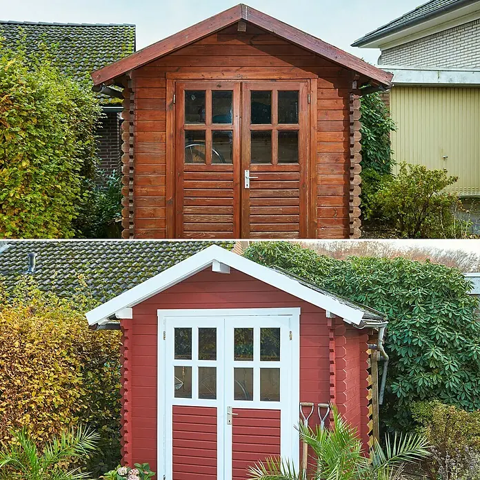 swingcolor Mix Holzschutzfarbe zum Mischen lassen - Basismischfarbe 4, 2,5 l, Seidenglänzend - Vergleich von zwei Gartenhäusern: ein braunes Holzhaus und ein rot gestrichenes mit weißen Akzenten, beide eingebettet in üppiges Grün.