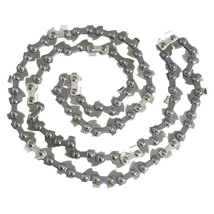 AL-KO Sägekette - Passend für: AL-KO Akku-Mini-Kettensägen CSM 1815 - Nahaufnahme einer Kettensägekette, die in einer Spirale auf einem schwarzen Hintergrund liegt. Ideal für Holzarbeiten und Schneiden.