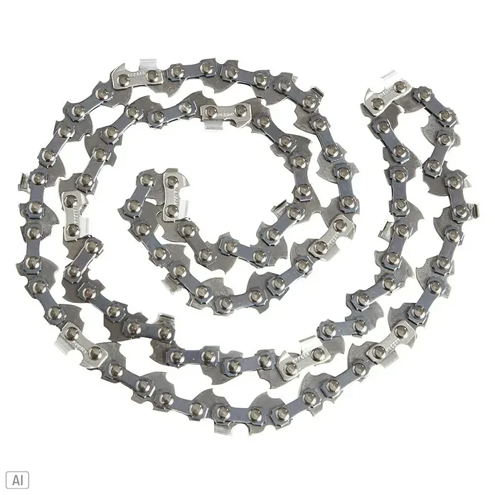 AL-KO Sägekette - Passend für: AL-KO Akku-Mini-Kettensägen CSM 1815 - Nahaufnahme einer Kettensägekette, die in einer Spirale auf einem schwarzen Hintergrund liegt. Ideal für Holzarbeiten und Schneiden.