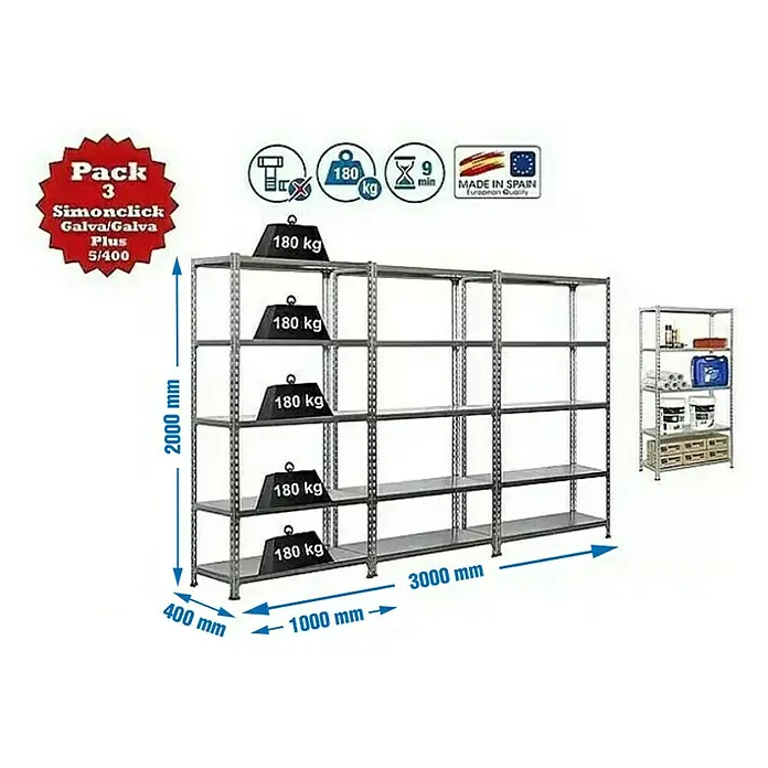 Simonrack Simonclick Estantería para cargas pesadas Plus - Al x An x Pr: 200 x 300 x 40 cm, Galvanizado - La imagen muestra una estantería de carga pesada con cinco niveles, cada uno capaz de soportar 180 kg. Las dimensiones totales de la estantería son 2000 mm de altura y 3000 mm de longitud.