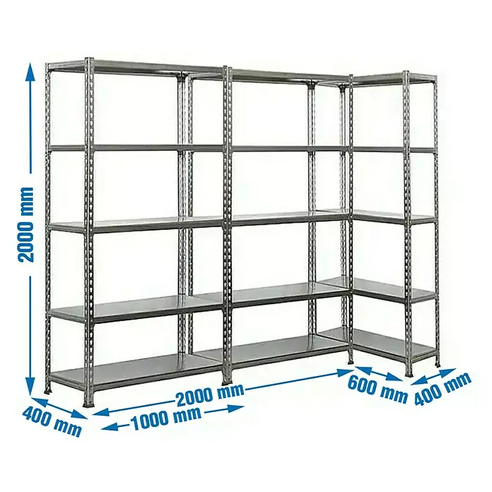 Simonrack Simonclick Estantería para cargas pesadas Plus - Al x An x Pr: 200 x 300 x 40 cm, Galvanizado - Imagen de un sistema de estanterías de esquina metálico con múltiples niveles y flechas dimensionales para ilustrar el tamaño.