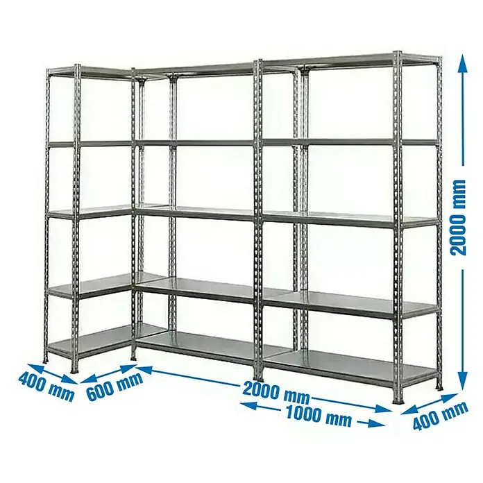 Simonrack Simonclick Estantería para cargas pesadas Plus - Al x An x Pr: 200 x 300 x 40 cm, Galvanizado - Imagen de un sistema de estanterías metálicas esquineras con cinco estantes y las dimensiones correspondientes.