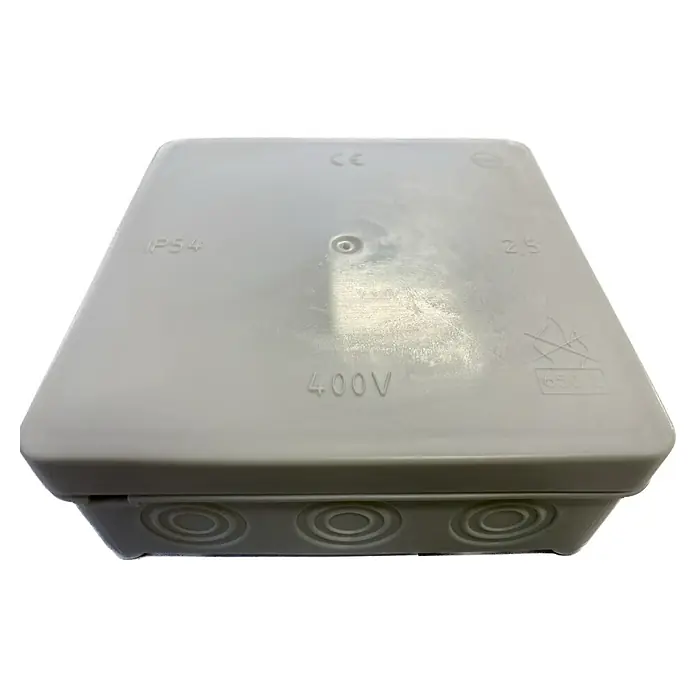 Feuchtraum-Abzweigdose - 100 x 100 x 40 mm, Aufputzmontage, IP54, 1 Stk., Lichtgrau - Eine graue Anschlussdose mit Markierungen wie IP54, 400V und CE, die die Schutzart und Spannungsfestigkeit angibt.