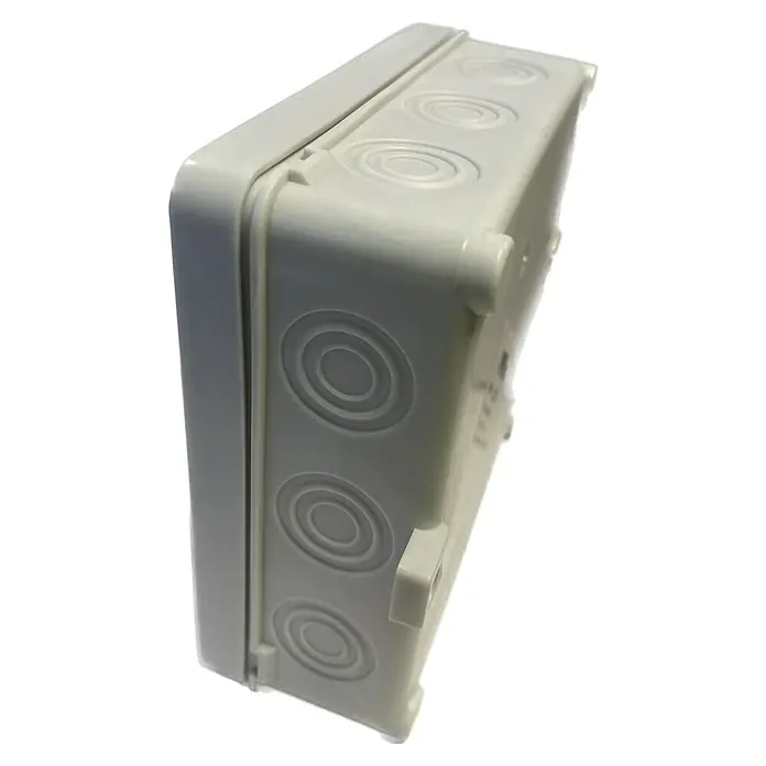 Feuchtraum-Abzweigdose - 100 x 100 x 40 mm, Aufputzmontage, IP54, 1 Stk., Lichtgrau - Ein weißer, wasserdichter Elektro-Verteilerkasten mit vorgeprägten Öffnungen für Kabelverschraubungen, ideal für den Außenbereich.