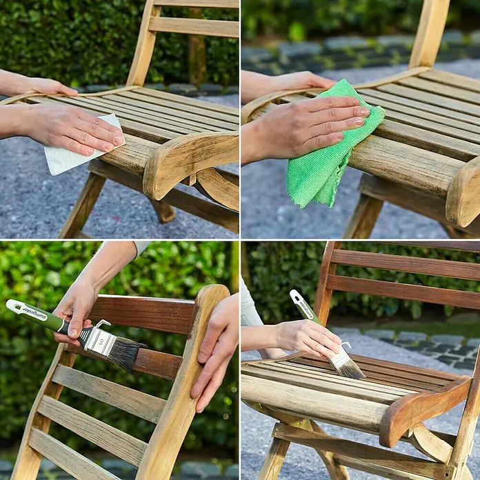 swingcolor Teak-Öl - Teak, 750 ml, Seidenmatt - Möbelpflege in vier Schritten. Das Bild zeigt eine Holzstuhlrenovierung mit Reinigung, Politur und Farbauftrag mit einem Swingcolor Pinsel.