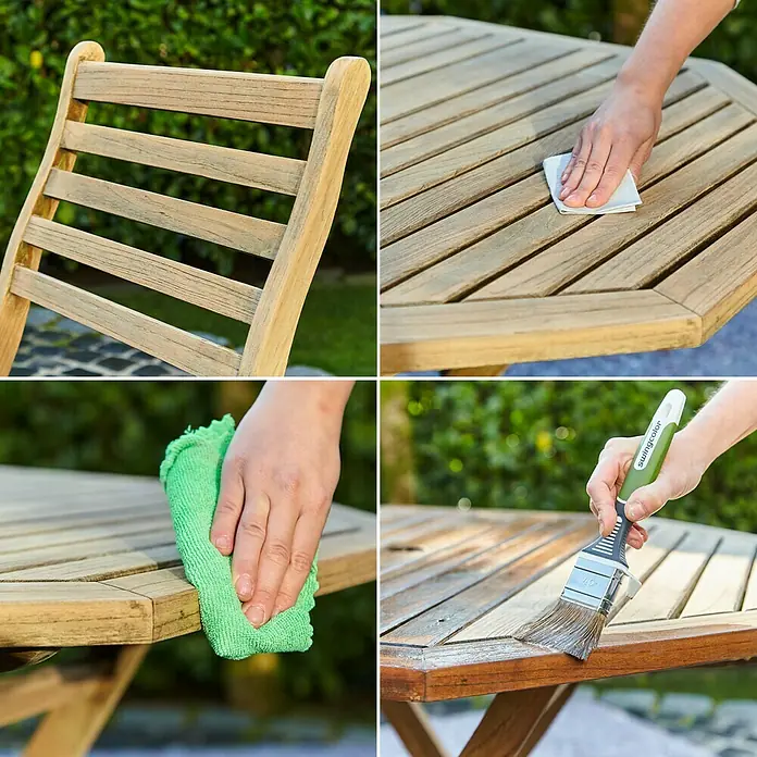 swingcolor Teak-Öl - Teak, 750 ml, Seidenmatt - Bildmontage, die die schrittweise Holzpflege mit Reinigung und Versiegelung einer Gartenmöbelgarnitur zeigt.