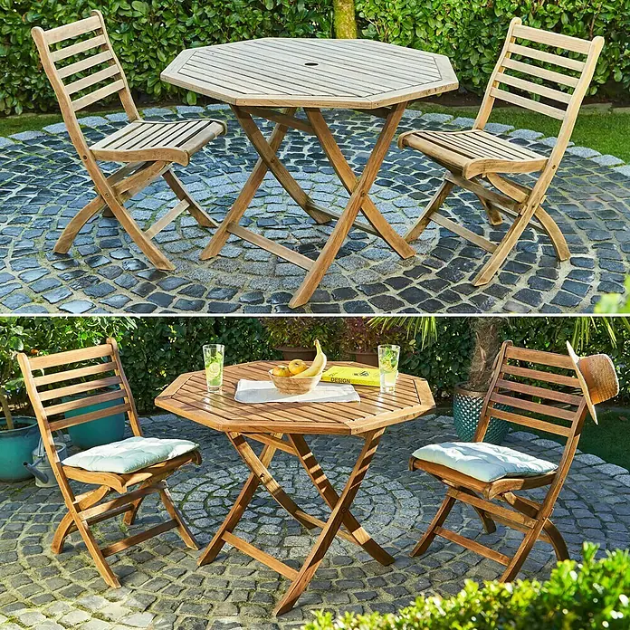 swingcolor Teak-Öl - Teak, 750 ml, Seidenmatt - Gartenmöbelset mit achteckigem Holztisch und zwei Stühlen. Ideal für den Außenbereich, um stilvolle Momente im Garten zu genießen.