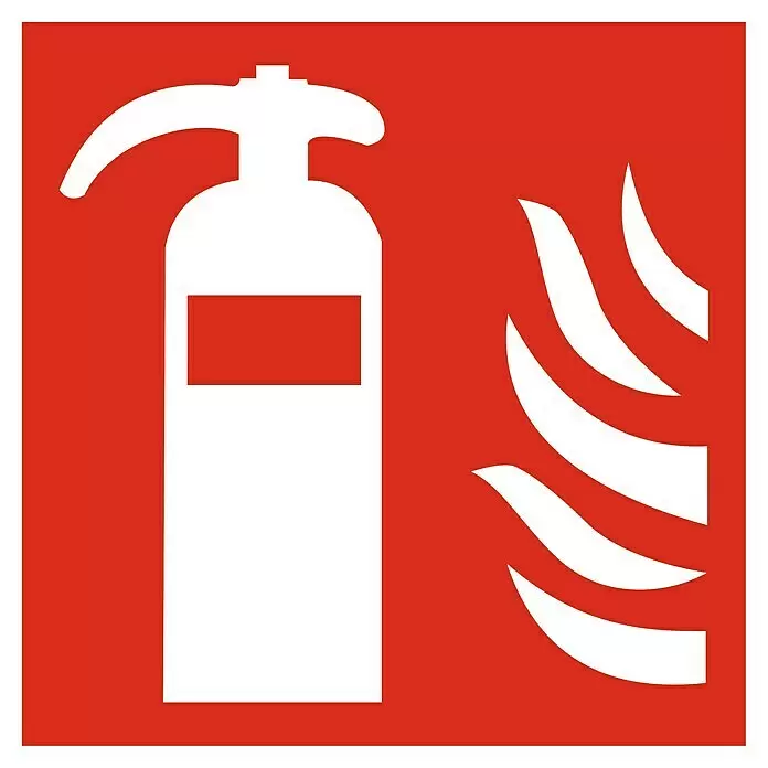 Cartel - 21 x 21 cm, Extintor de incendios, Autoadhesivo - Símbolo blanco de extintor y llamas sobre un cartel cuadrado rojo. Indica la ubicación del extintor.
