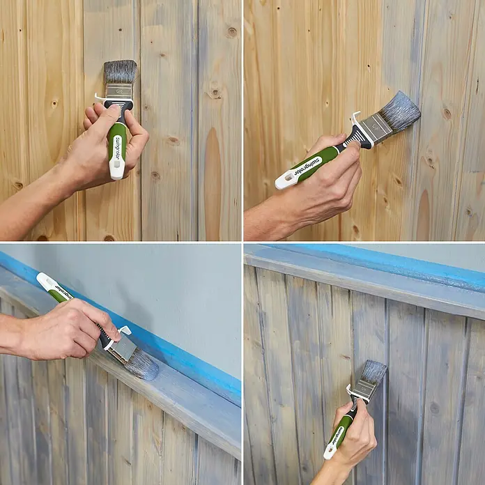 swingcolor Holzlasur Innenlasur - Nebelgrau, 750 ml, Seidenmatt - Eine Swingcolor-Eckpinsel wird zum Streichen von Holz verwendet. Der Pinsel hat einen ergonomischen Griff für bequemes Arbeiten und präzise Ergebnisse.