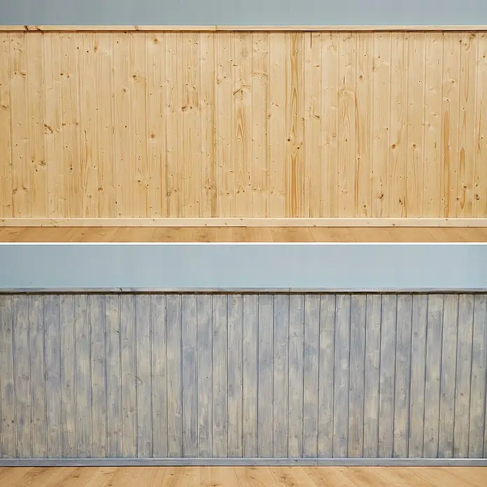 swingcolor Holzlasur Innenlasur - Nebelgrau, 750 ml, Seidenmatt - Vorher und Nachher: Holzvertäfelung, die von natürlichem Holz zu einem stilvollen grauen Finish verändert wurde.