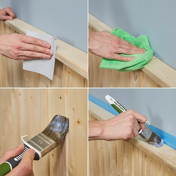 swingcolor Holzlasur Innenlasur - Kirschrot, 375 ml, Seidenmatt - Vorbereitungsschritte für das Streichen einer Holzleiste: Schleifen, Reinigen, Abkleben und Auftragen von Farbe mit einem Pinsel.