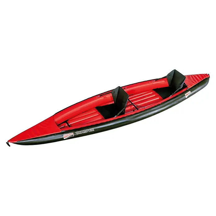 Grabner Kajak Tramper - L x B: 400 x 90 cm, Nutzlast: 200 kg, Geeignet für: 2 Personen - Hier ist ein aufblasbares, rotes Doppelkajak von Grabner Tramper mit schwarzen Sitzen und schwarzer Außenseite.