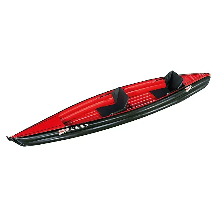 Grabner Kajak Holiday 2 - L x B: 395 x 75 cm, Nutzlast: 190 kg, Geeignet für: 2 Personen - Rotes und schwarzes Gräbner Holiday Zweier-Schlauchboot mit zwei Sitzen, ideal für entspannte Touren auf dem Wasser.