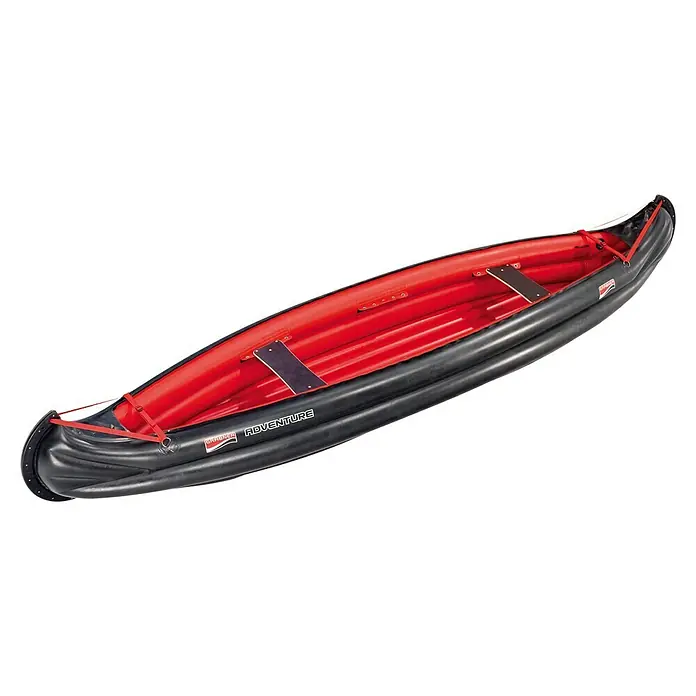 Grabner Kanu Adventure - L x B: 450 x 95 cm, Nutzlast: 450 kg, Geeignet für: 3 Personen - Ein Grabner Adventure Luftkanadier in Rot und Schwarz, ideal für Outdoor-Abenteuer auf dem Wasser. Das Kanu ist robust und leicht zu transportieren.